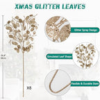 8 Pcs Christmas Tree Picks and Sprays Champagne Glitter Christmas Picks 26.8" Christmas Glitter Eucalyptus Leaves Stems for Christmas Tree Filler Branches Wreaths Centerpieces Holiday Decorations - Image 2