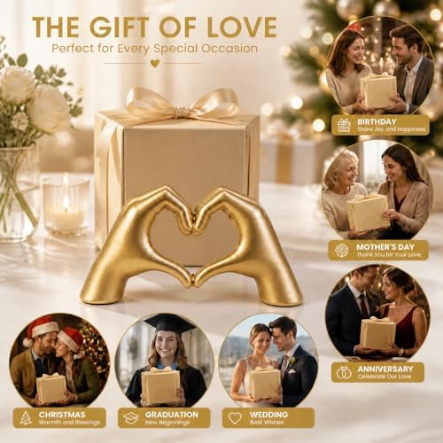 SANTA CASA Small Gold Heart Hands Sculpture, Gold Tone Desktop Art Statue - Image 6