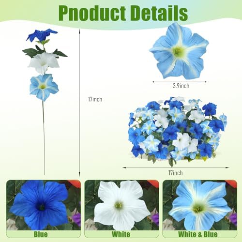 Uieke Artificial Flowers for Outdoors, 24PCS Faux Petunias Outdoor Uv Resistant Silk Flower, Spring Decorations for Home Garden Patio Porch, Blue&White - Image 3