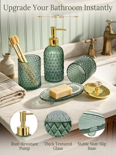 Haturi Glass Bathroom Accessories Set, Sage Green Bathroom Set, 4 Pcs - Image 2