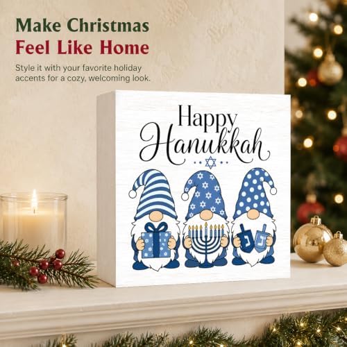 Christmas Decorations Happy Hanukkah Blue Gnome Wood Box Sign - Image 5