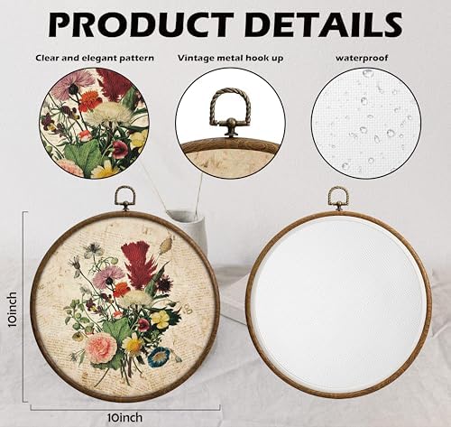 Vintage Floral Wall Decor, Printed Canvas Wall Hanging for Bedroom Kitchen Home Office, Round Decoration, Wall Art Bedroom, Living Room Wall Art, Dorm Decor, Circular Wall Hanging with Hooks,20 - Image 2