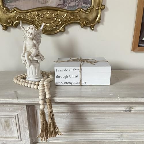Decorative Books for Home Decor, White Faux Books for Decoration, Rustic Farmhouse Stacked Books with 52in Wood Bead Garland for Coffee Table Mantle Fireplace (I can do All Things Through Christ) - Image 3