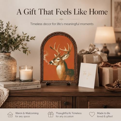Vintage Deer Art Decor - Arched Wooden Frame with Stand, Retro Whimsical Animal Wall & Tabletop Decor for Living Room, Bedroom, Office, Funny Novelty Home Accent, Unique Housewarming Gift - Image 5
