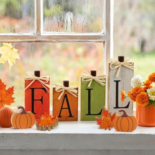 WOHOHOHO 8Pcs Wooden Fall Decorations for Home, "FALL" Wood Table Decor, Pumpkin & Maple Leaf Signs. Rustic Wooden Autumn Thanksgiving Decorations for Home Office Room Bedroom Mantel Tiered Tray - Image 7