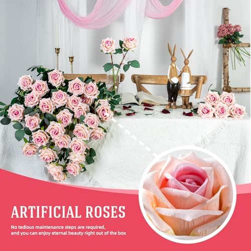 Ttranewsoo 24PCS Pink Artificial Flowers, Realistic Fake Roses with Stems for Bridal Shower, Baby Shower, Wedding Centerpieces, DIY Bouquets & Party Decor, 16.5 Inch - Image 4
