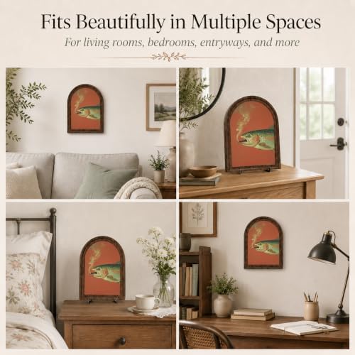Vintage Wildlife Wood Tabletop Decor, Smoking Trout Arched Frame Wall Art - Image 3