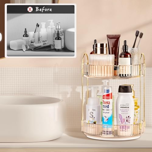360 Rotating Makeup Organizer - Large Capacity Spinning Perfume & Cosmetic Skincare Holder for Vanity & Countertop (Vibrant Orange, 2 Tier) - Image 2