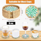 Boho Coastal Coasters Set of 6, Handmade Coasters with Holder, Green Leaf - Image 3