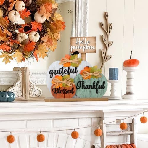 4 Pcs Fall Pumpkin Decor Wooden Table Sign Thankful Blessed Grateful Tabletop for Autumn Farmhouse Vintage Thanksgiving Harvest Party Rustic Home Room Table Shelf Halloween Decorations - Image 7