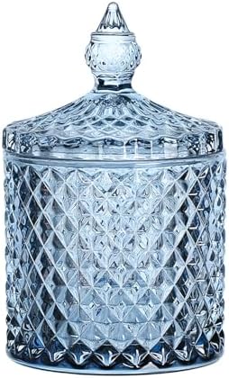 Sizikato Diamond Faceted Crystal Glass Candy Jar with Lid, Blue Decorative Jar, Jewelry Box, Cotton Swab Storage Holder. by Sizikato