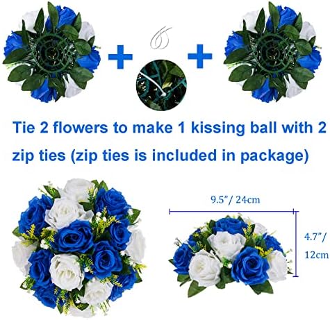 BLOSMON Blue Flowers Artificial for Decoration: 2 Pcs Fake Roses Flower Balls Centerpiece for Wedding Table - Silk Kissing Bouquet with Base Floral Arrangement for Home Party Event Decor - Image 4