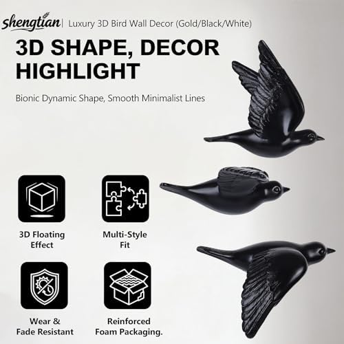 Black 3D Flying Bird Wall Decor Set of 3, Resin Bird Wall Sculptures - Image 2