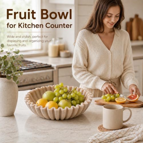 YMXYJM Large Decorative Bowl, Modern Handicraft Bowls for Home Decor, Fruit Bowl for Kitchen Counter, Ruffle Decor, Stylish Key Bowl for Entry Table, Artificial Stone Beige - Image 3