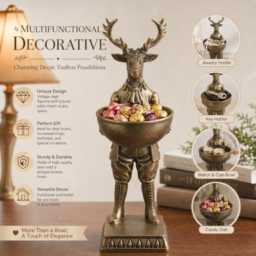 Home Decor Gift 12.6 Inch Vintage Deer Statue with Bowl, Resin Stag Figurine Serving Tray, Multifunctional Key Candy Purse Holder Bowl, Jewelry Dish Ring Holder, Desktop Tabletop Art Decor - Image 4