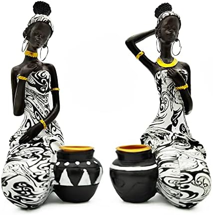 African Statues Art Sculptures Women Figure Girls Tribal Lady Figurine Black Women Home Decor Collectible Creative Vintage Gift Crafts (Black+White) by AKACIJA-HOME