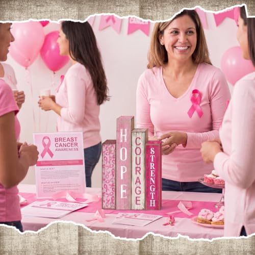 Lineshading 4 Pcs Breast Cancer Awareness Table Decor Pink Wooden Book Sign - Image 4