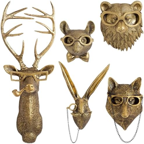 GUASDIE Animal Heads Wall Decor, Gold Faux Deer Head Mount, Animal Sculptures Wall Decor, Vintage Resin Hanging Decoration for Living Room Bedroom Kitchen Office Gift,5pcs by GUASDIE