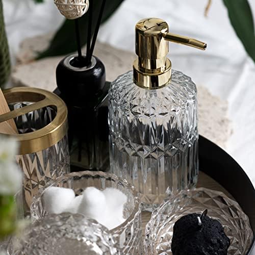 EMPO 6PCS Bathroom Clear Glass Accessories Set (Lotion Soap Dispenser, Soap Dish, Toothbrush Holder, Tumbler, Cotton Swab Jar), Contemporary Modern Decor Crystal Vintage Gift (6pcs Clear) - Image 4