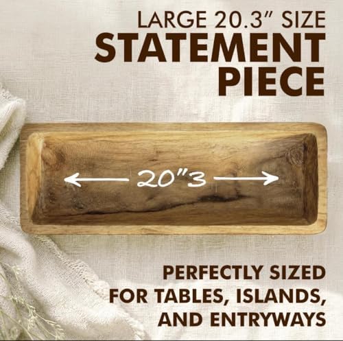 Long Wooden Dough Bowl Centerpiece, 20" Oblong Decorative Wood Bowl for Coffee Table, Dining Table & Entryway Decor, Rustic Farmhouse Style - Image 4