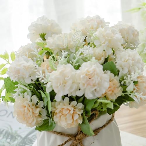 TKAS Fake Flowers Arrangement in Ceramic Vase, Artificial Faux Silk Hydrangea, Small Realistic Dried-Style Floral, Dining Table Centerpiece for Wedding Party Home Decoration (White) - Image 2