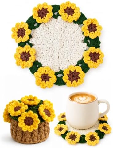Crochet Flower Bouquet Coasters, Cotton Sunflower Gifts for Home Decor by KQJS