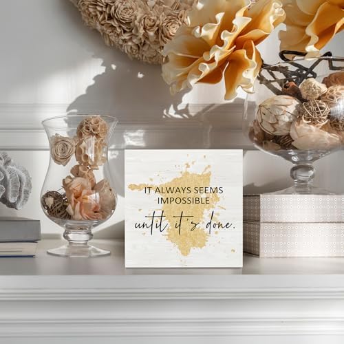 Office Gold Wooden Box Sign Desk Inspiring Quotes It Always Seems Impossible Until It's Done Office Motivational Decorative Signs for Office, Inspirational Home Shelf Desk Decor 5x5 Inch - Image 6