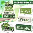 Marsui 4 Pcs St Patrick's Day Table Decorations Green Shamrocks Wooden Signs Block Farmhouse Irish Tiered Tray Decor Rustic St. Patrick's Day Table Centerpieces for Home Office Desk Shelf Mantel Decor - Image 3