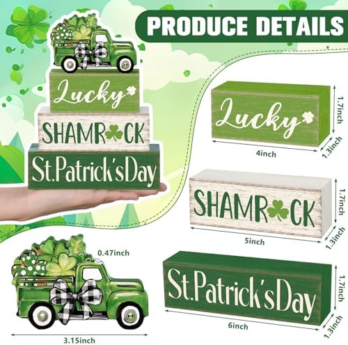 Marsui 4 Pcs St Patrick's Day Table Decorations Green Shamrocks Wooden Signs Block Farmhouse Irish Tiered Tray Decor Rustic St. Patrick's Day Table Centerpieces for Home Office Desk Shelf Mantel Decor - Image 3