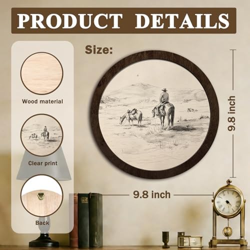 CFFJLHN Vintage Western Cowboy Framed Wall Art Decor Classy Western Decor, Rustic Country Southwest Cowboy Riding Horse Round Wall Art Hanging Decorations for Home Bedroom Living Room, 10x10 Inch - Image 7