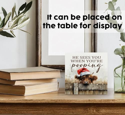 Christmas Highland Cow Bathroom Decor Sign - Farmhouse Western Christmas Animal Bathroom Decor,Rustic Farm Animal He Sees You When You're Pooping Signs,Highland Cow Gifts for Women - Image 3