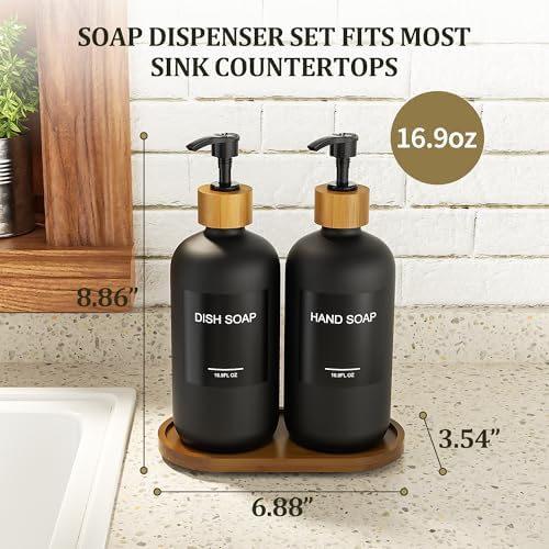 MASADI Black Soap Dispenser Set with Tray, Dish and Hand soap Lotion Dispenser Set with Wooden Pump for Kitchen and Bathroom Decor for Counter, Modern Vintage Liquid Soap Dispensers - Image 5