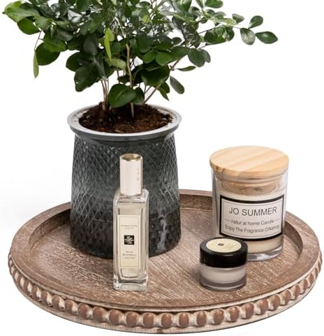 HPC Decor 12in Round Gray Wood Beaded Tray - Decorative Living Room, Coffee Table, Kitchen Table, Dining Room or Farmhouse Serving Tray by HPCDECOR