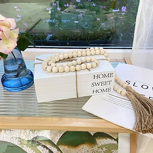 Decorative Books for Home Decor, White Faux Books for Decoration, Rustic Farmhouse Stacked Display Books with 52in Wood Bead Garland for Coffee Tables Living Room, (Home Sweet Home) - Image 2