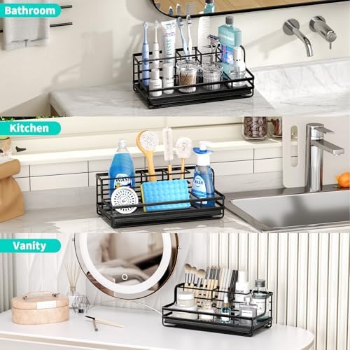 HapiRm Toothbrush Holders for Bathroom - 5 Partitions Bathroom Counter Organizer with Instant Drying Stone, Stainless Steel Countertop Storage Electric Toothbrush Toothpaste Holder - Black - Image 6