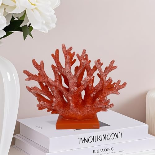 5.8" H Red Orange Coral Decor - Resin Coral Statue, Nautical Decor for Home, Bedroom, Bathroom, Living Room, Ocean Themed Cabinet Shelf Tabletop Decoration - Image 2