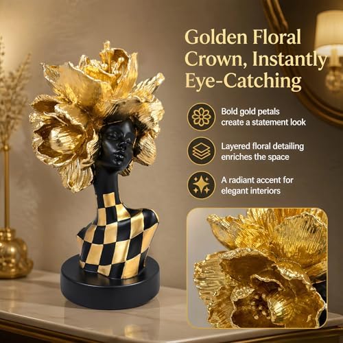 Lescafita Golden African Woman Statue – Luxurious Resin Figurine with Gold Floral Headpiece and Black-Gold Geometric Dress, Modern African Art Sculpture for Home and Office Décor - Image 4