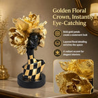Lescafita Golden African Woman Statue – Luxurious Resin Figurine with Gold Floral Headpiece and Black-Gold Geometric Dress, Modern African Art Sculpture for Home and Office Décor - Image 4
