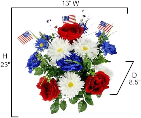 Admired by Nature 18 Stems Artificial Blooming Peony, Gerbera Daisy with Small American Flags, Fillers Mixed Flowers Bush for Memorial Day, Red/Blue/White - Image 3