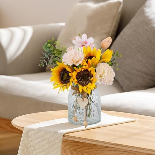 Leftover Fake Flowers in Vase, Artificial Sunflower Bouquets with Flower Arrangement Holder, Table Centerpieces for Dining Room, Faux Silk Sunflowers, Carnations and Tulips Arrangement - Image 6