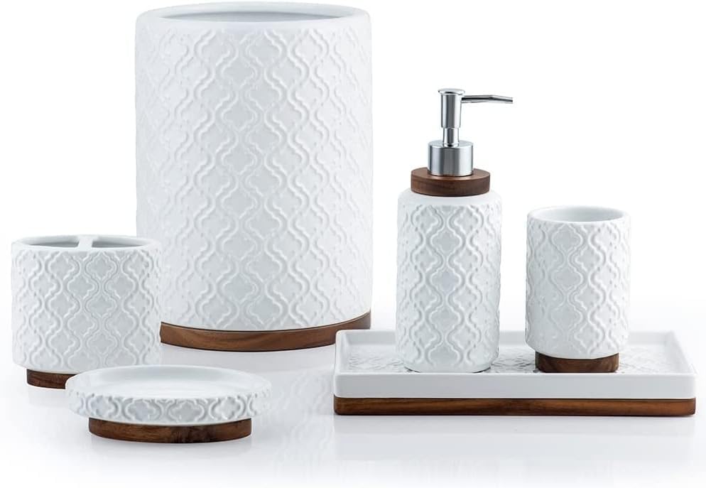 RQYIXI Ceramic Bathroom Accessories Set,Cream White,6 Piece,with Trash Can by RQYIXI