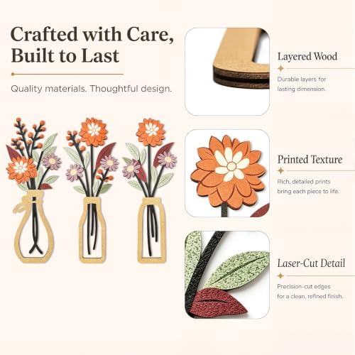 puthiac Wooden Floral Vase Wall Art Decor Set of 3, Harvest Dahlia - Image 3