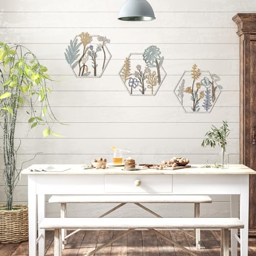 Peryiter 3Pcs Metal Flower Wall Decor Minimalist Floral Hanging, Beige Gold - Image 5