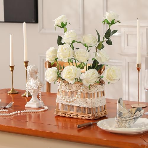 Nubry Artificial Silk Rose Flower Bouquet Lifelike White Fake Rose for Wedding Home Party Decoration Event Gift 10pcs (Off White) - Image 3