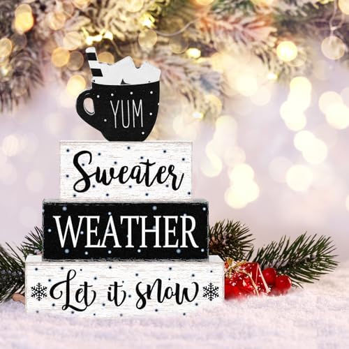 Marsui 4 Pcs Winter Table Decorations Wooden Let It Snow Tiered Tray Decor - Image 5