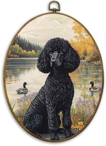 CUANFDDSF Vintage Black Poodle Oval Wall Art Decor, Poodle Gifts for Women Wall Hanging Decor, Cottage Core Farmhouse Lakeside Dog Duck Framed Canvas Prints for Home Bedroom Living Room, 8.6x11.4 Inch by CUANFDDSF
