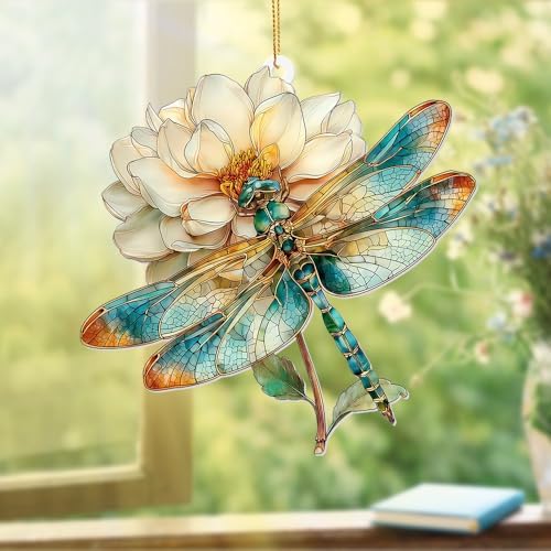 Dragonfly Ornament Stained Glass Style – Acrylic Window Hanging Suncatcher with Flower, Dragonfly Gifts for Women, Christmas Tree Ornament, Whimsical Home & Garden Décor(Sun-21) by ALADAYQUINQUITMeetallneeds