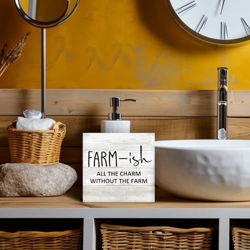 Rustic Farmhouse Wood Box Sign, Farmhouse Desk Shelf Decor, Farm-Ish All the Charm without the Farm Wooden Block Plaque Box Sign for Farmhouse Home Living Room Bedroom Table Decor - Image 3