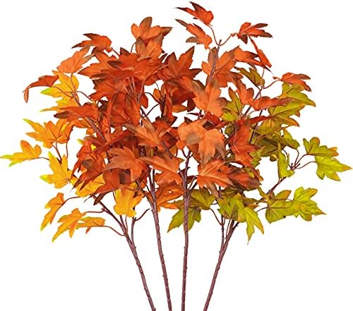 4Pcs Artificial Maple Leaves Branches 21.6in Fake Fall Leaves Stems Plants Outdoor Greenery for Home Kitchen Farmhouse Thanksgiving Table Centerpiece Fireplace Halloween Décor Orange by Phliofd