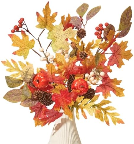 3 Pcs Artificial Fall Stems for Vases with Maple Leaves Fake Pumpkins Pinecones Berries, 26" Faux Fall Foliage Stems Branches for Home Harvest Farmhouse Thanksgiving Table Centerpieces by VICROL